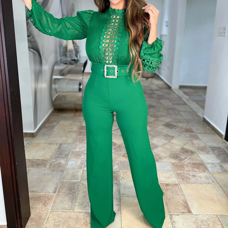 

Casual Mesh Hollow Out Wide Leg Jumpsuits Fashion Solid Long Sleeve Playsuits Overalls Women Simple High Waist Commute Rompers