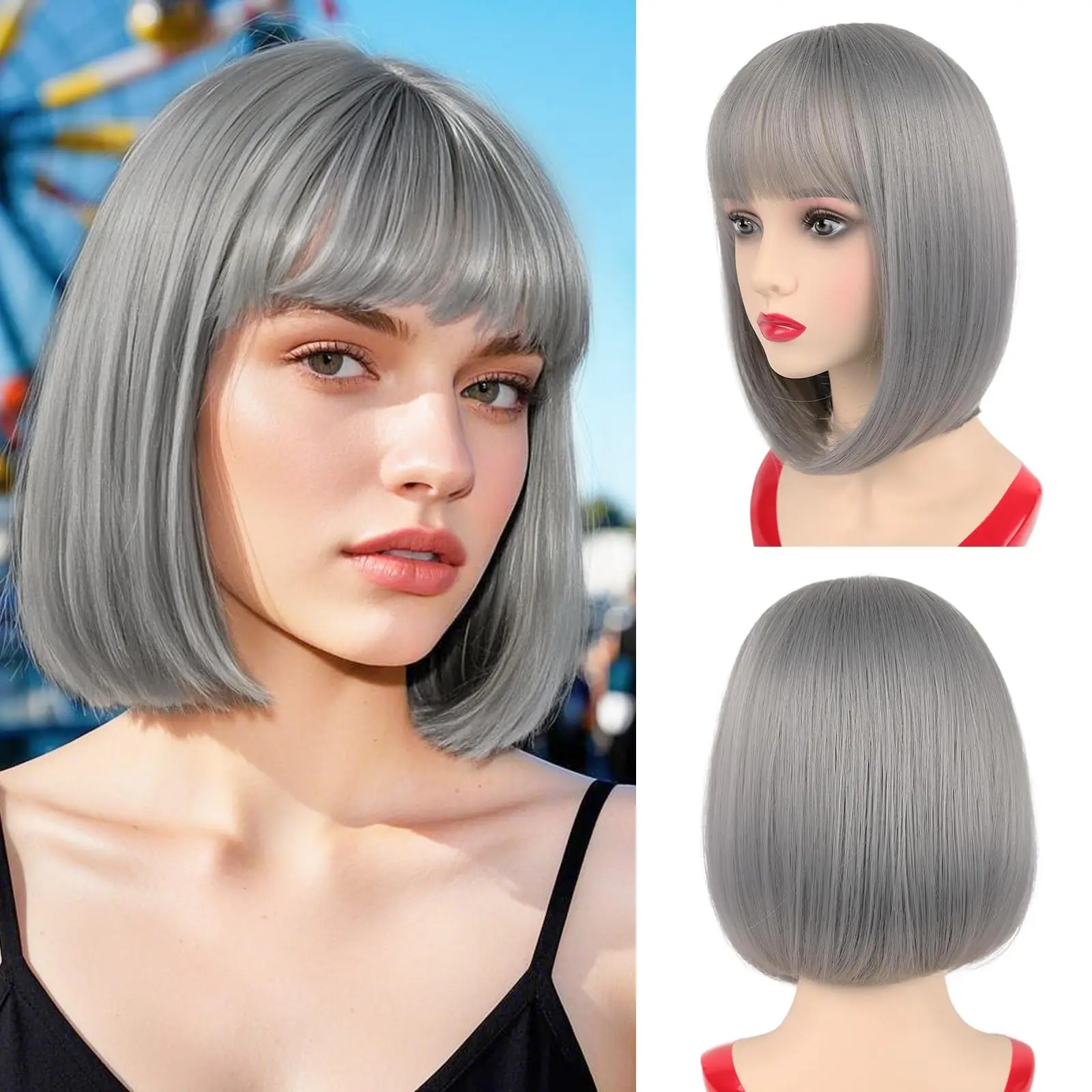 

Short bob hairstyle grey synthetic wig for Halloween party cosplay wig for daily use hot-temperature hair accessory