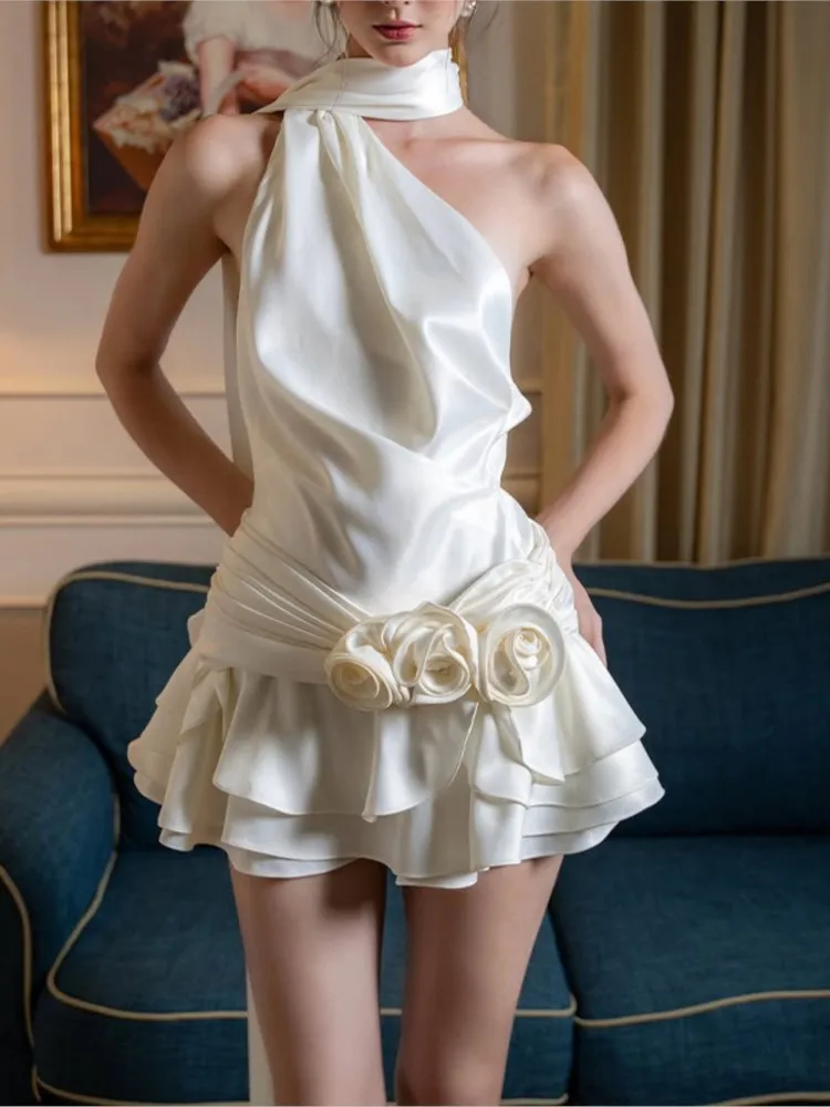 ربيع جديد الموضة الفرنسية مزاجه فستان المرأة مثير نمط بلون سليم واحد الكتف الساتان عارية الذراعين غاسل فساتين #2