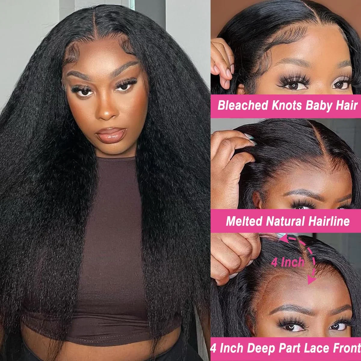 

Kinky Straight Lace Front Wigs Human Hair Pre Plucked With Baby Hair 220% Density Yaki Straight 13x4 Transparent HD Glueless