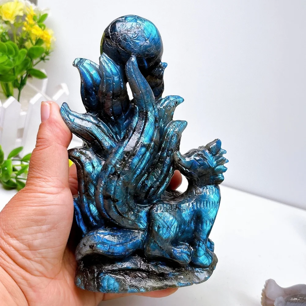 Natural Blue Labradorite Nine Tailed Fox Carving Crystal Fox with Sphere Statue Gemstone Animal Figurine Home Decor
