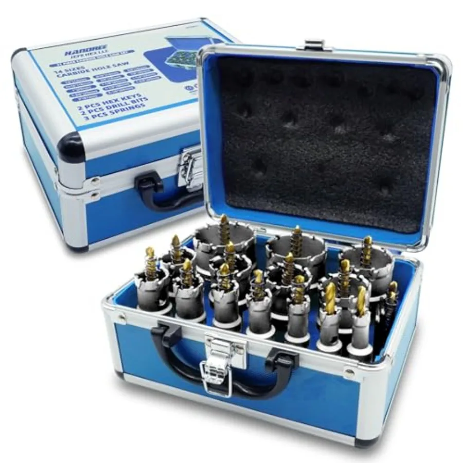 

Carbide Hole Saw Kit with Case, Carbide Tipped Hole Cutter with Pilot Drill bit for Stainl Steel, Iron, Aluminum, Alloy, Plasti