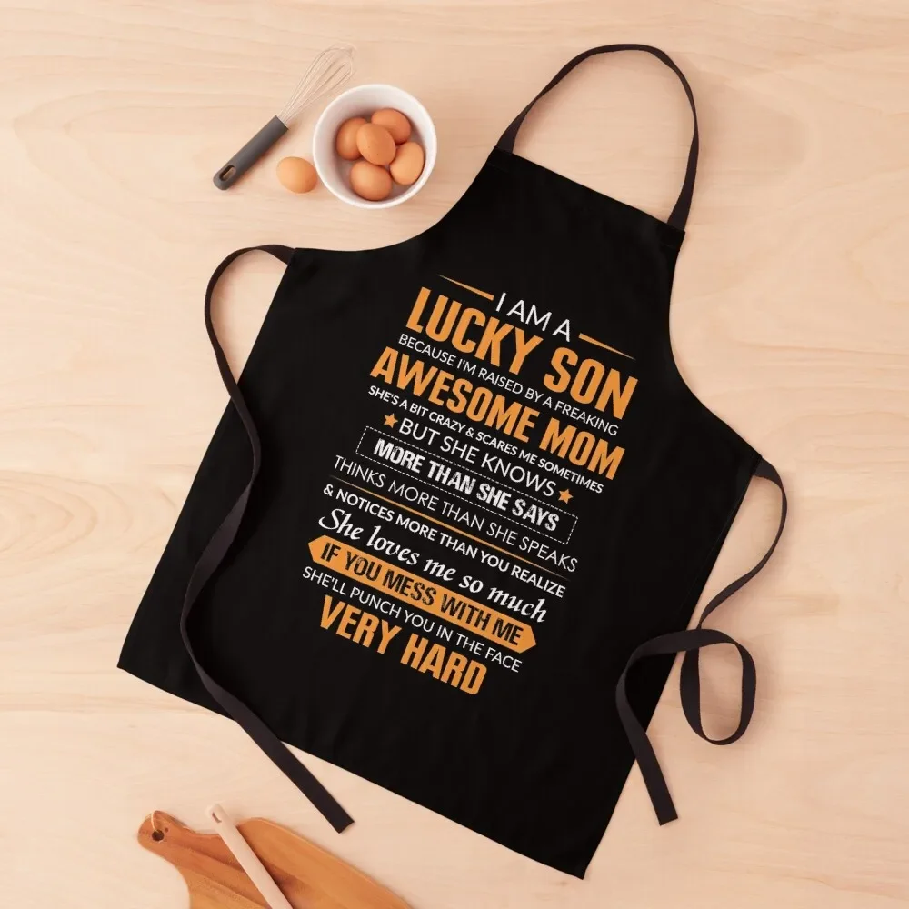 Funny Lucky Son Of Awesome Mom Quotes Retro Birthday Shirt Graduation Mothers Day T Shirt Apron Women's Dresses Apron