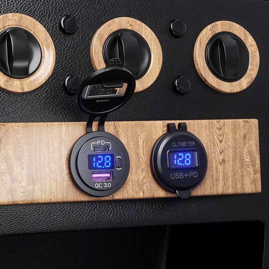 Car Charger Type-c Digital Display Charging Port For Motorcycle, Rv, Car Modification Usb Mobile Phone Fast Charging Car Charger