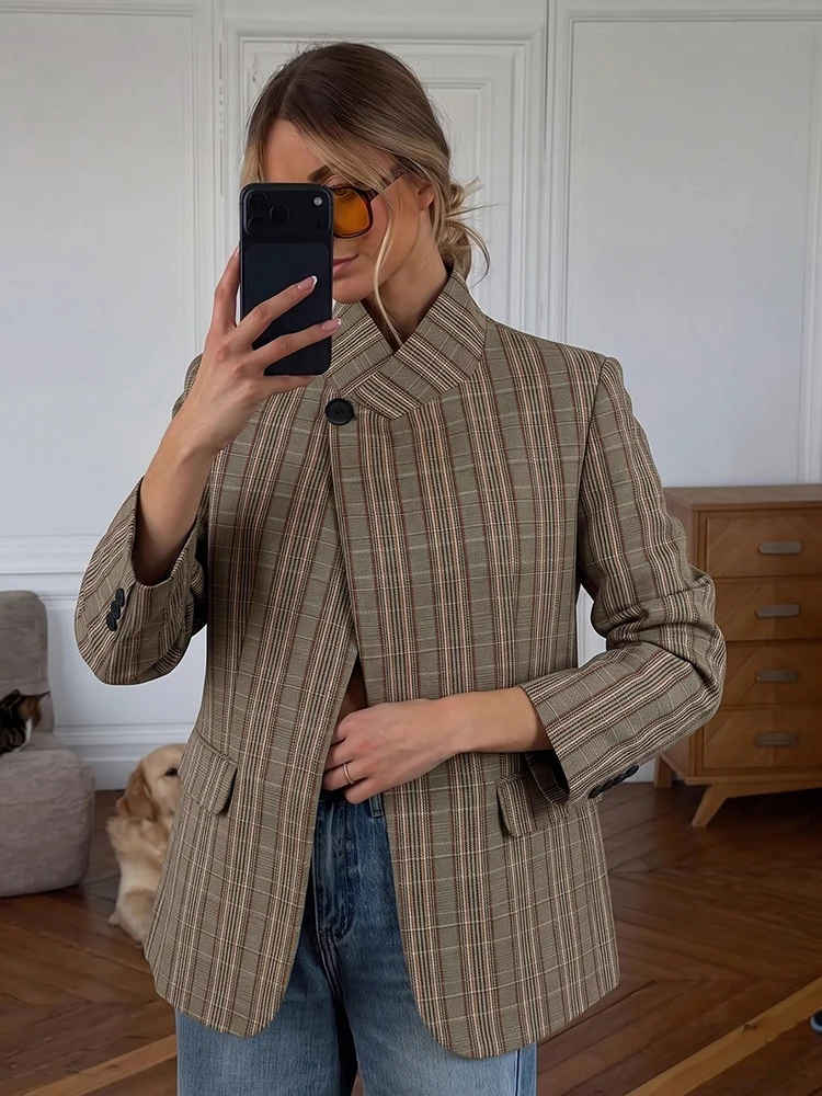 Women Vintage Plaid Blazer Stand Collar Single Button Long Sleeve Jacket Loose Pockets Lady Office Commuter Streetwear Outerwear