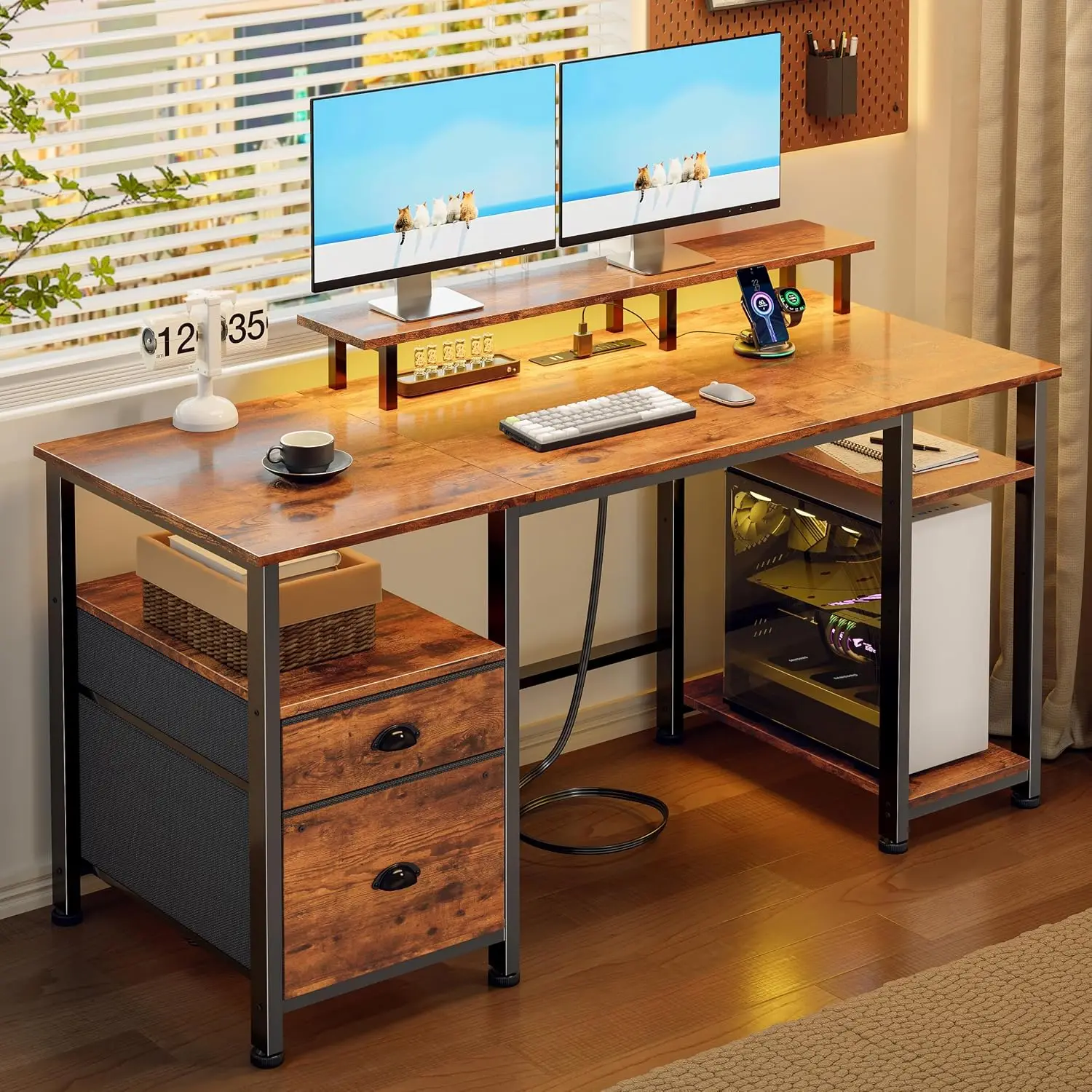 Brown Computer Desk With Outlets & LED, Drawers & File Cabinet, Reversible, Monitor Stand, Adjustable Shelf, 51