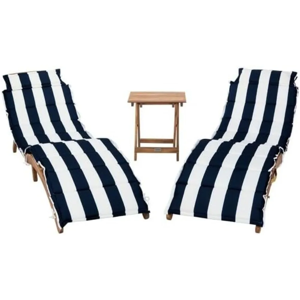 Outdoor Collection Pacifica Natural Brown Solid Wood/Navy & White Stripe Cushion 3-Piece Chaise Lounge Set with Table