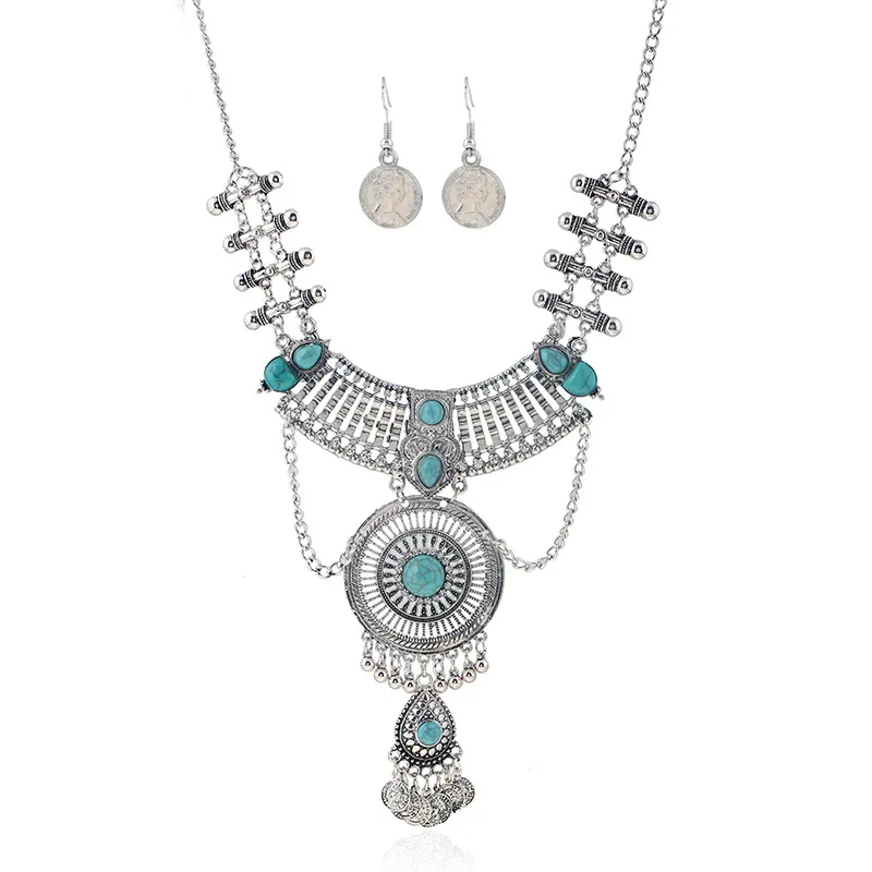 Boho Retro Golden Necklace Earrings Set For Women Luxury Turquoises Long Pendant Earrings Set Indian Bollywood 2023 Jewelry