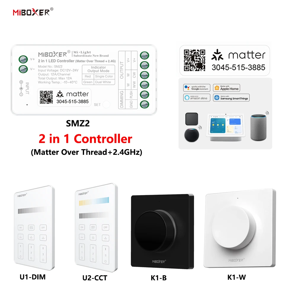 Miboxer SMZ2+U2 DC12-24V 2in1 Controller Matter Over Thread+2.4GHz Tuya APP WIFI Control Single/Double Color CCT LED Strip Light