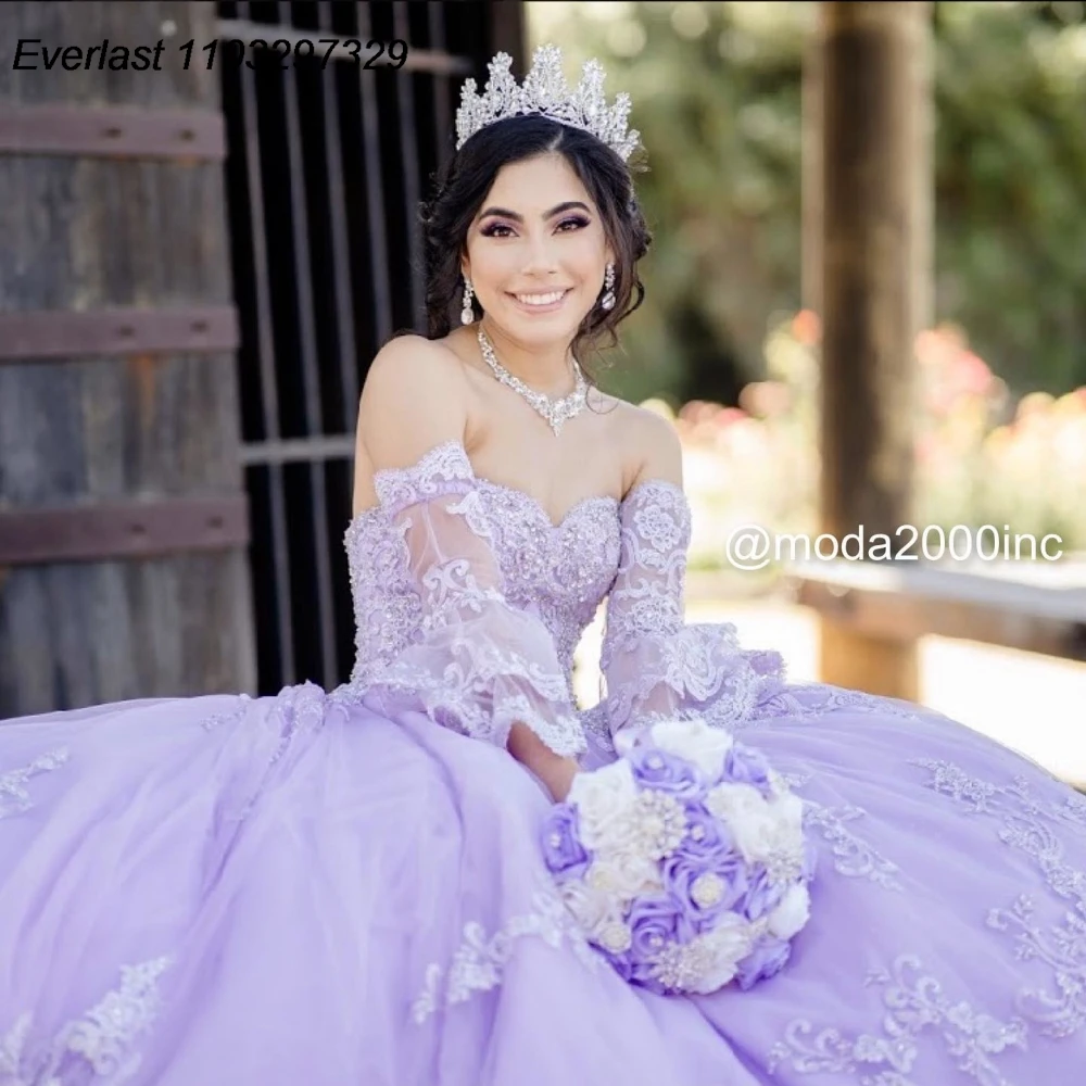 EVLAST индивидуальное сиреневое платье Quinceanera, бальное платье, блестящая кружевная аппликация, корсет из бисера и кристаллов, Sweet 16, Vestido De 15 Anos TQD934