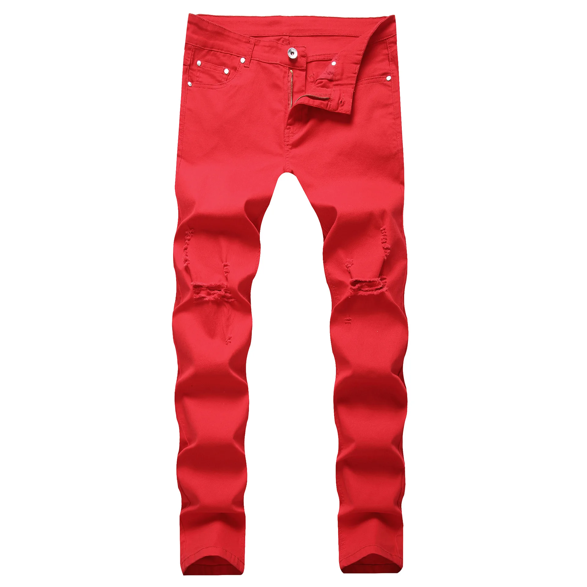 Pantalones vaqueros rasgados de estilo callejero Punk para hombre, Jeans ajustados de estilo Vintage, pantalones de mezclilla lisos lavados, pantalones de lápiz informales con agujeros, 2024