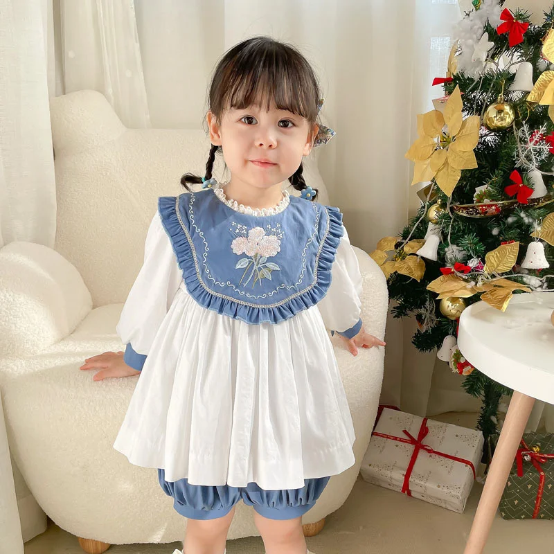 

Kids Spanish Embroidery Flower Dresses For Girls Birthday Lolita Princess Dress Toddler Dress Vintage With PP Pant