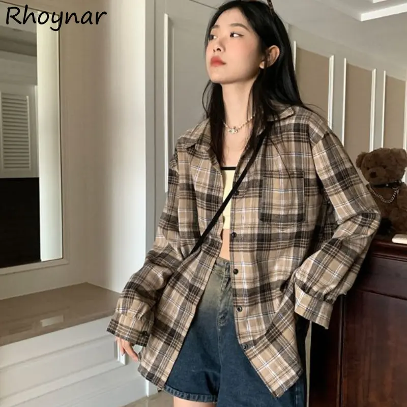 

Plaid Shirts Women Long Sleeve Clothes Korean Fashion Teens Baggy Unisex Temper Vintage Camisas High Street Aesthetics Preppy