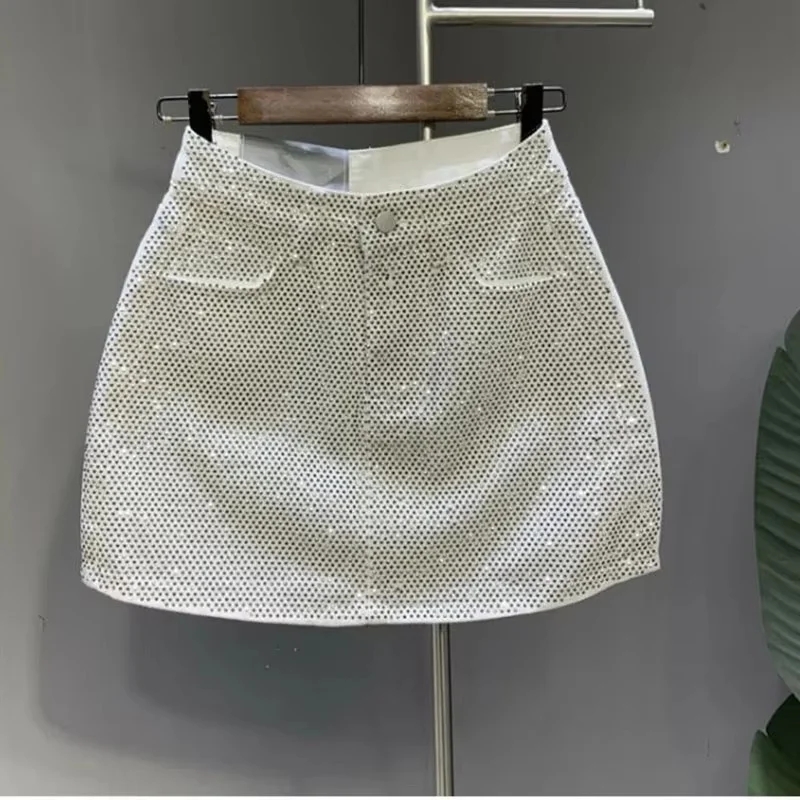 

2025 High Waist Sexy A-Word Short Skirt Ladies Heavy Industry Hot Drilling High-End Denim Skirt Women 2025 Spring Summer New