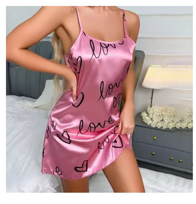 Sleepwear Women\'s Sexy Lingerie Heart Print Nightdress Scoop Neck Criss Cross Back Sleepdress Nightgowns Pajamas Nighties
