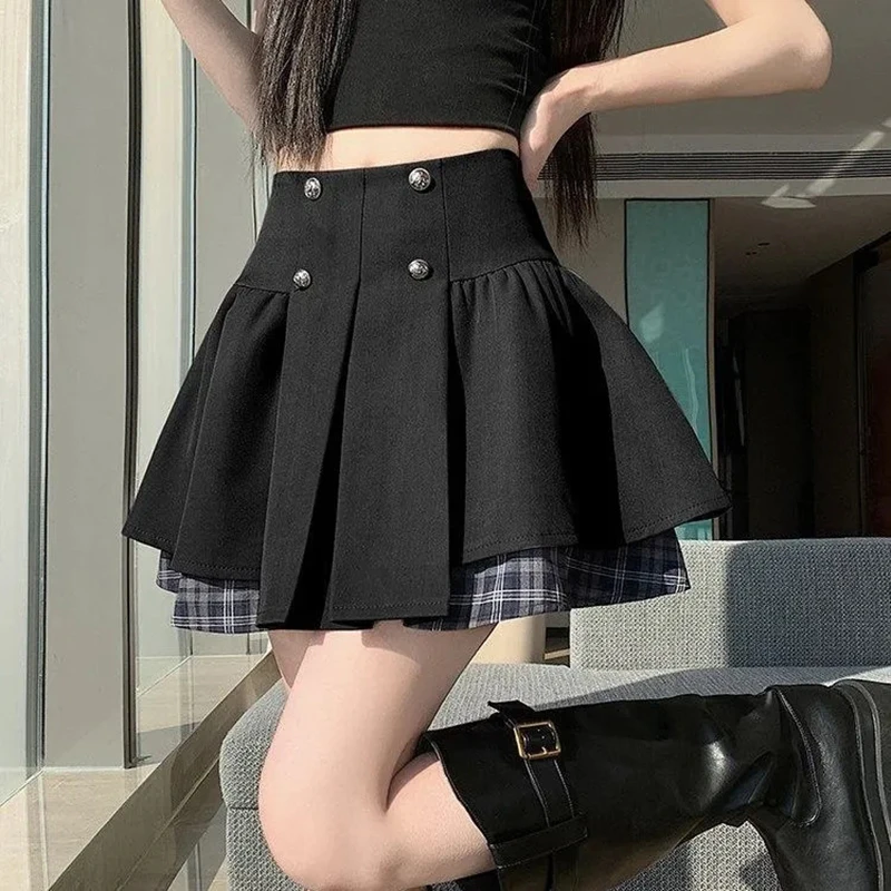 Korean Patchwork Jk Pleated Skirt Women Plaid Preppy Style Tutu Skirt A Line High Waisted Gray Mini Harajuku Y2K Skirt