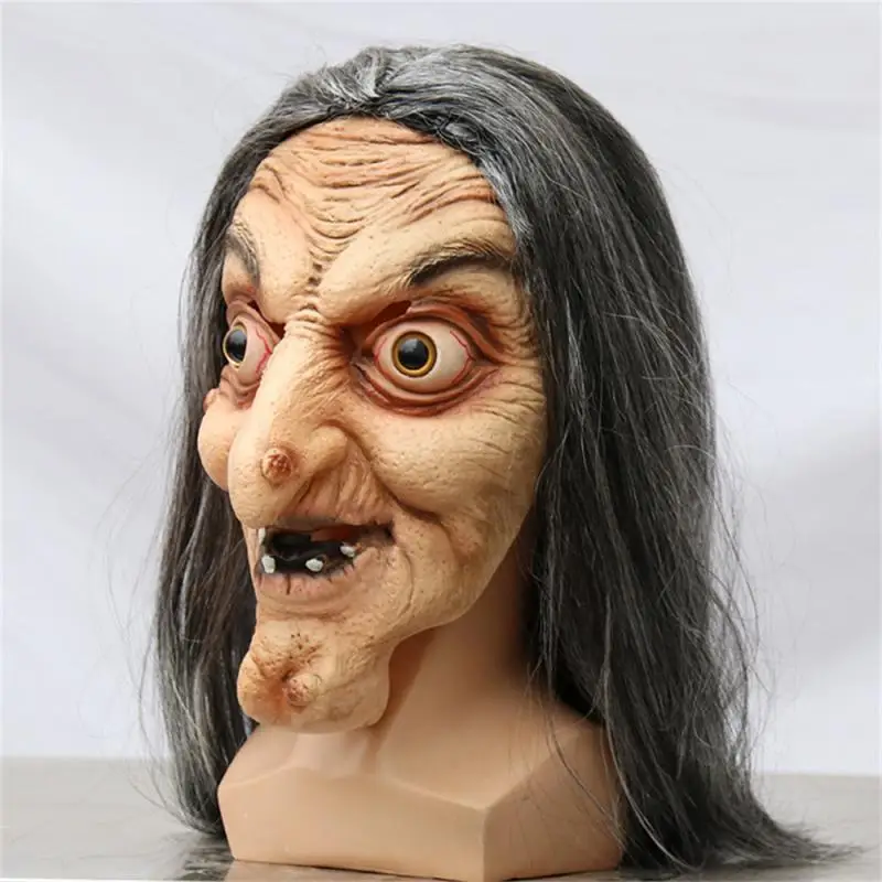 Scary Old Witch Mask Latex with Hair Halloween Fancy Dress Grimace Party Costume Cosplay Masks Props Adult One size