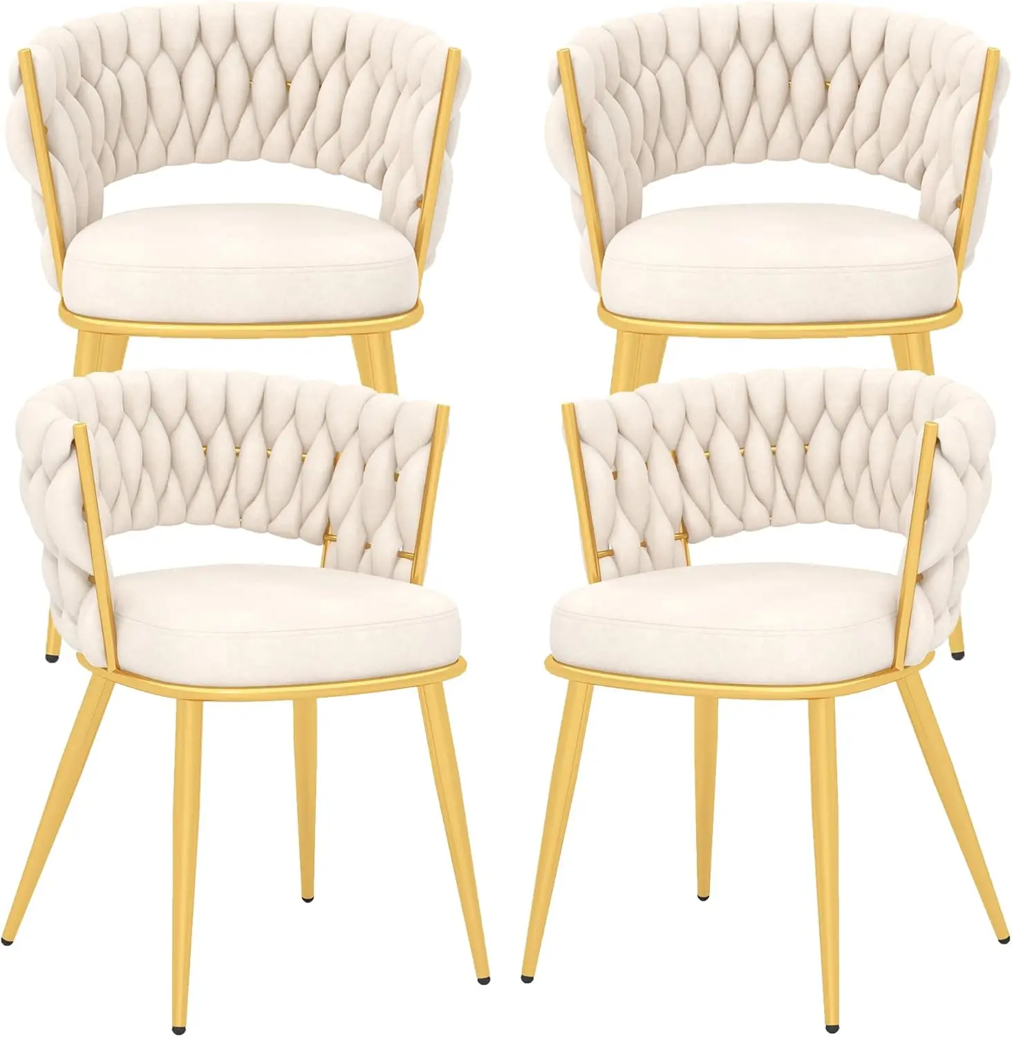 Modern Velvet Dining Chairs Set of 4, Upholstered Living Room Chair with Woven Back and Golden Metal Legs, Mid-Century Accent