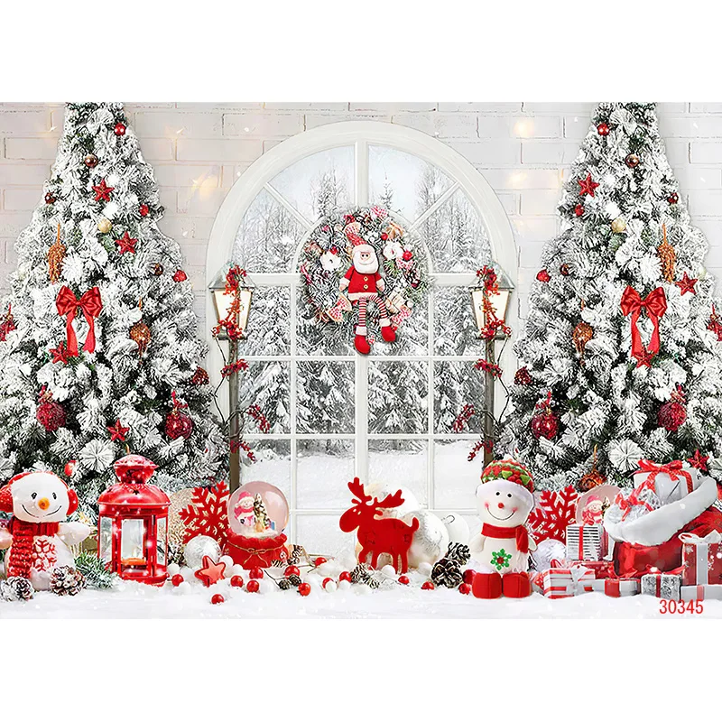 ZHISUXI Christmas Tree Window Wreath Photography Backdrop Wooden Doors Snowman Cinema Pine New Year Background Prop ZZ-21