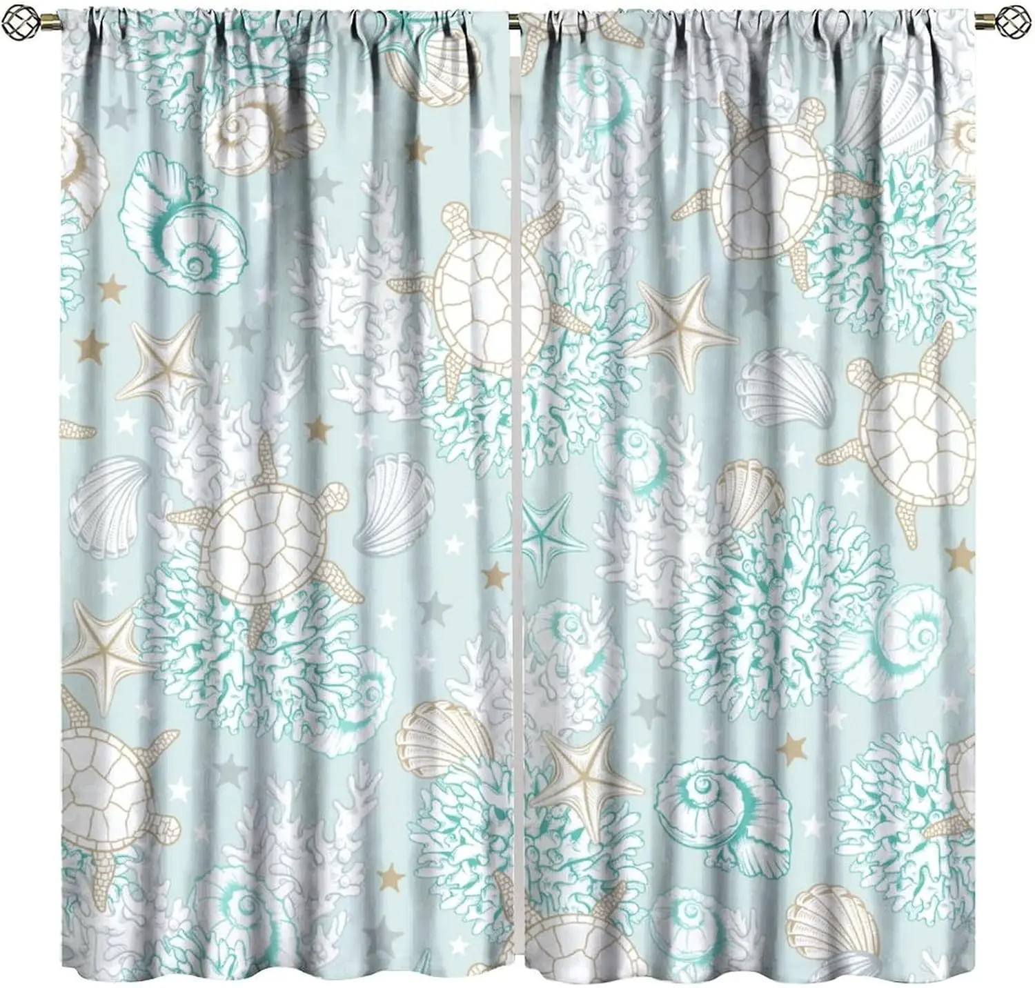 Tropical Coastal Ocean Sea Turtle Seashell Coral Print Curtain Waterproof Window Curtains Beach Home Decor Accent