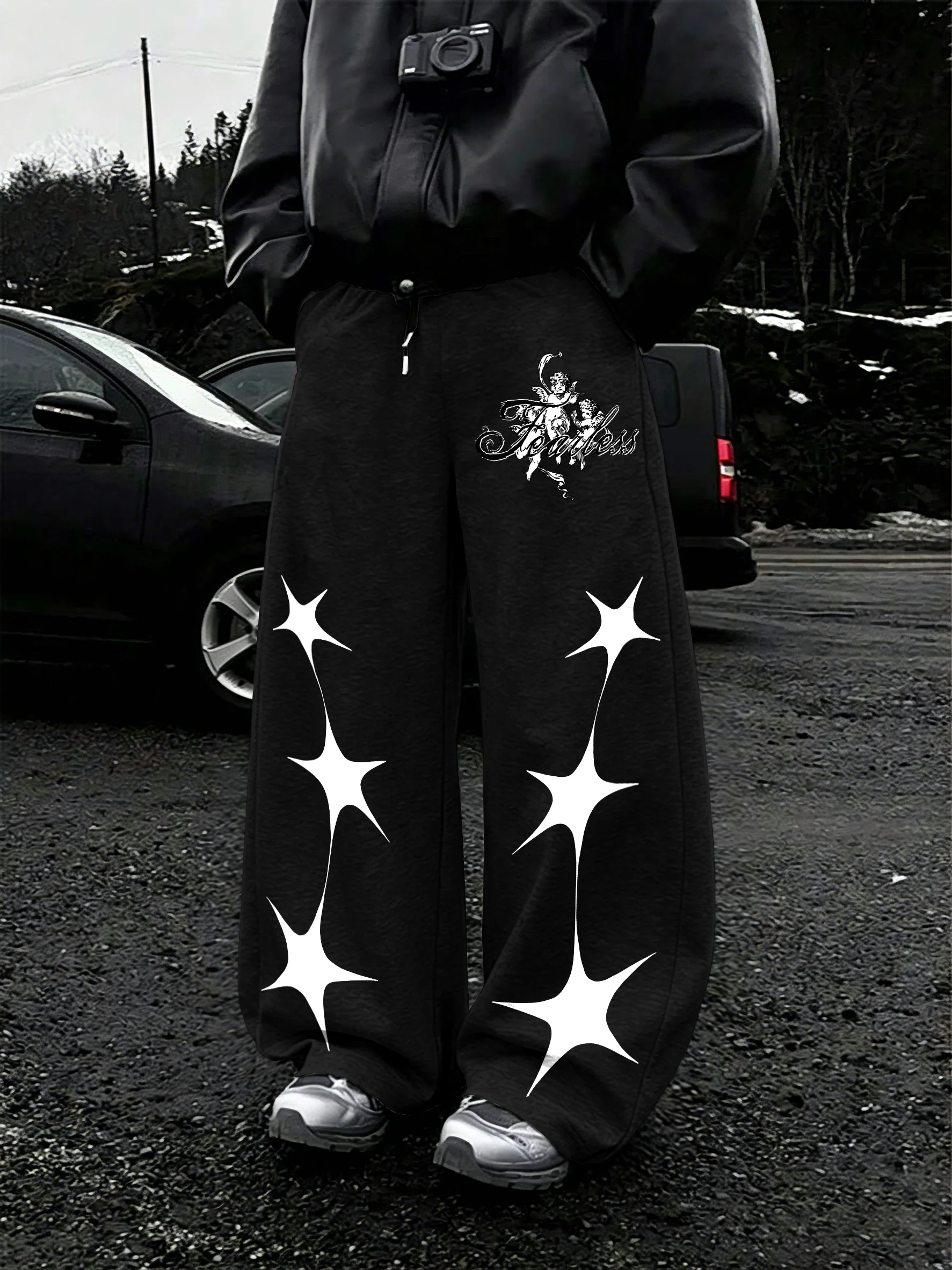 Men's Loose Wide Leg Sweatpants Black Star Angel Print Contrast Waist Drawstring Casual Pants