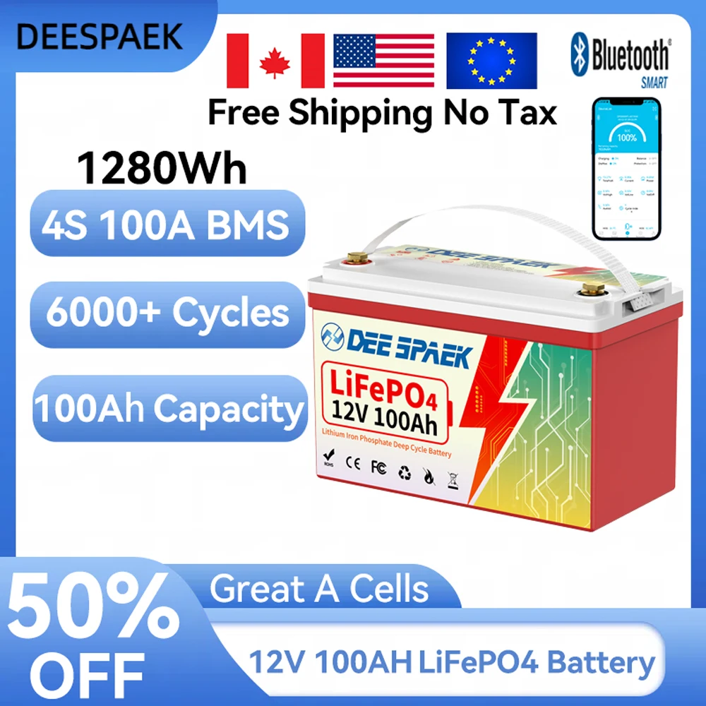 

12V 100Ah LiFePO4 Battery Pack 24V Grade A 100A BMS For RV Campers Boat Off-Road Off-grid Solar Energy Bluetooth Battery No Tax