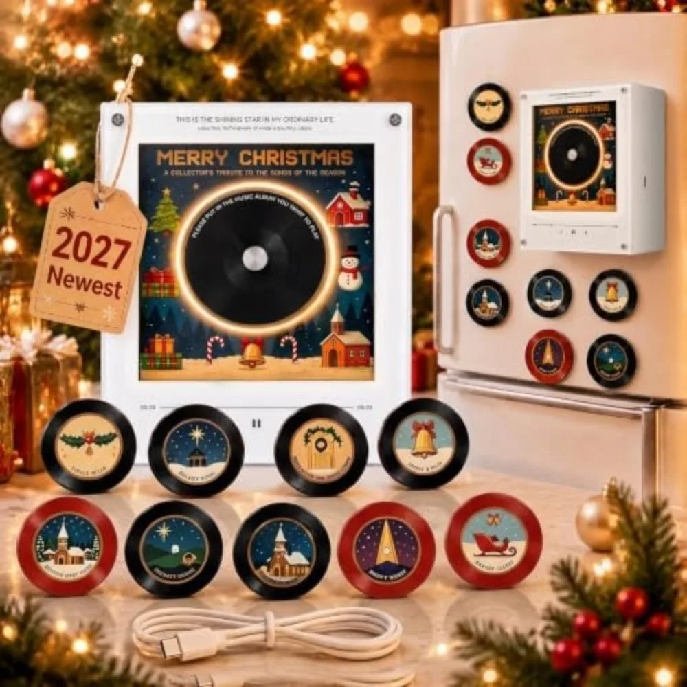 Christmas Mini Vinyl Record Music Player Refrigerator Magnet with 9 NFC Fridge Records NFC Music Box Magnetic Disc Set