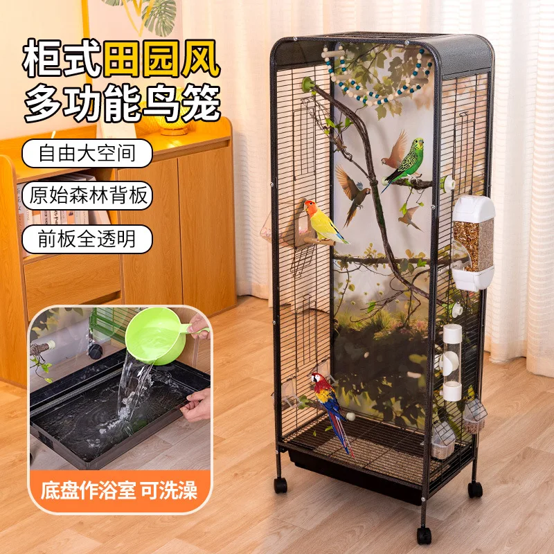 Pastoral cabinet transparent bird cage parrot cage tiger skin peony Xuanfeng large bird villa large space ornamental cage