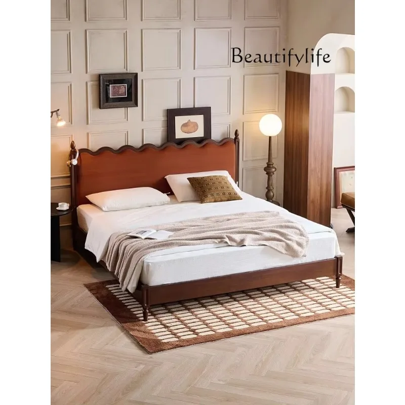 

French Retro Solid Wood Double Bed Bedroom 1.8 M Antique Walnut Color Wave Soft Pack Bed