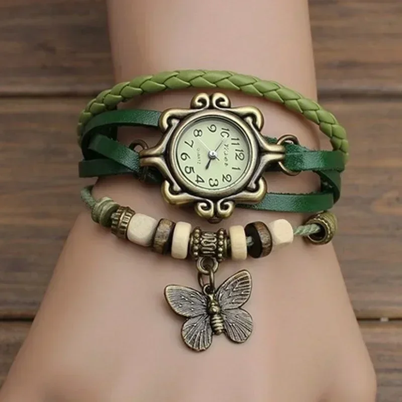 Women Fashion Leather Vintage Quartz Watch Multi Layer Handmade Bracelet Wristwatches Adjustable Length Couple Watch Accessories