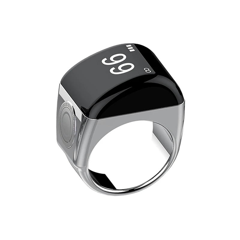 Zinc Alloy Smart Ring With Charging Box Waterproof Digital Counter APP Controlled Display 5 Prayer Time Reminders Silver,22Mm