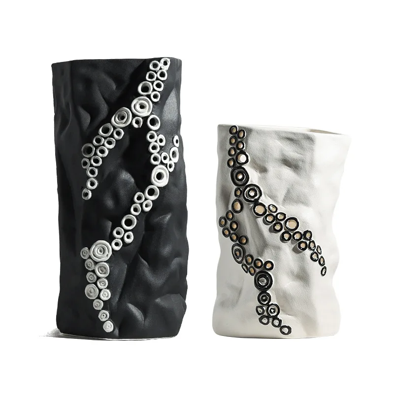 

Керамическая ваза ручной работы, черно-белая модель комнаты, мягкое украшение, сушеные цветы, цветочный аранжировщик, украшение для гостиной