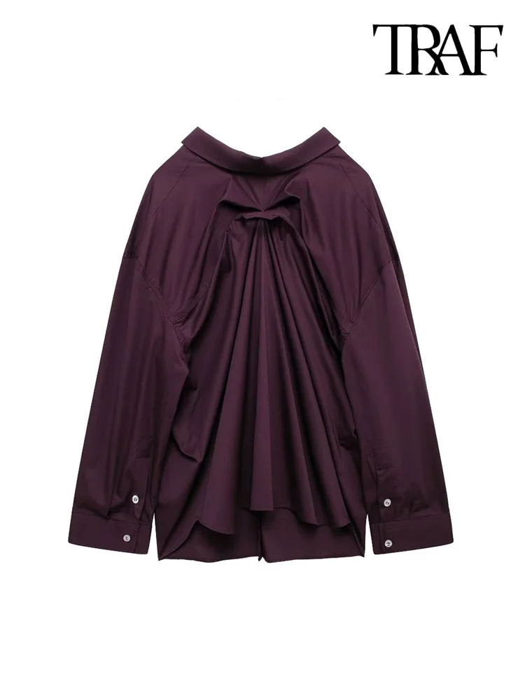 TRAF Women Fashion Pleated Oversized Shirts Long Sleeve Button-up Female Blouses Chic Tops