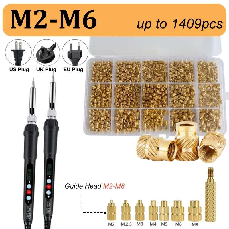 Heat Insertion Tool for 3D Printer, Brass Knurled Hot Melt Insert Nut, Copper Nut Thermal Conduction Implant Machine for Plastic