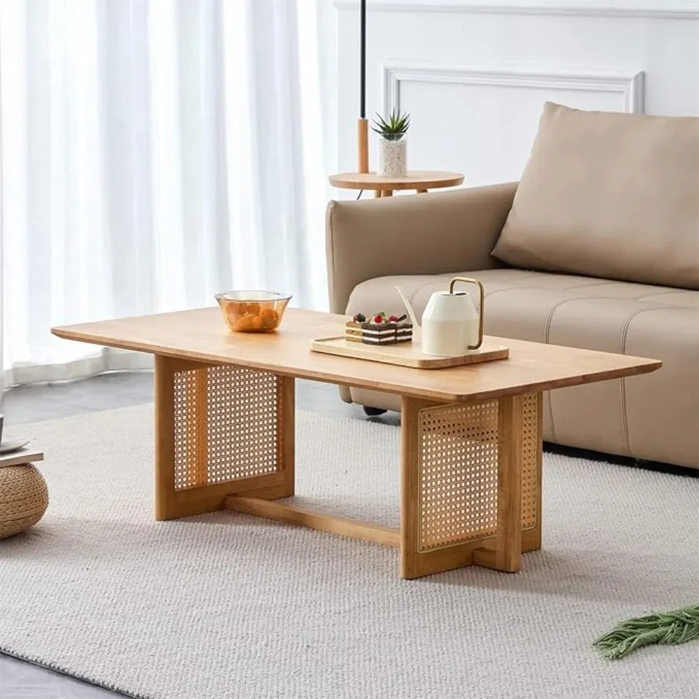 Mesa de centro moderna de ratán de imitación bohemio para sala de estar, mesa de té de centro de madera maciza Rectangular de estilo minimalista