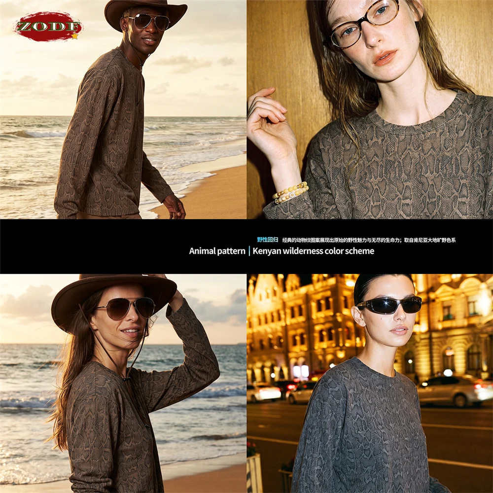 ZODF Retro Man Leopard Printing Waffle T-Shirt Unisex High Street Full Sleeve 260gsm O Neck T Shirts Tees HY1310