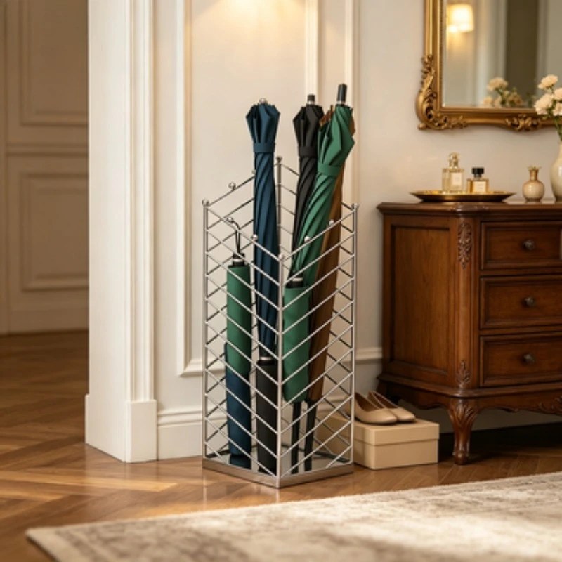 Stainless Steel Umbrella Holder Home Entryway Storage Rack Multi-functional Rain Gear Organizer Compact Water Draining Bucket