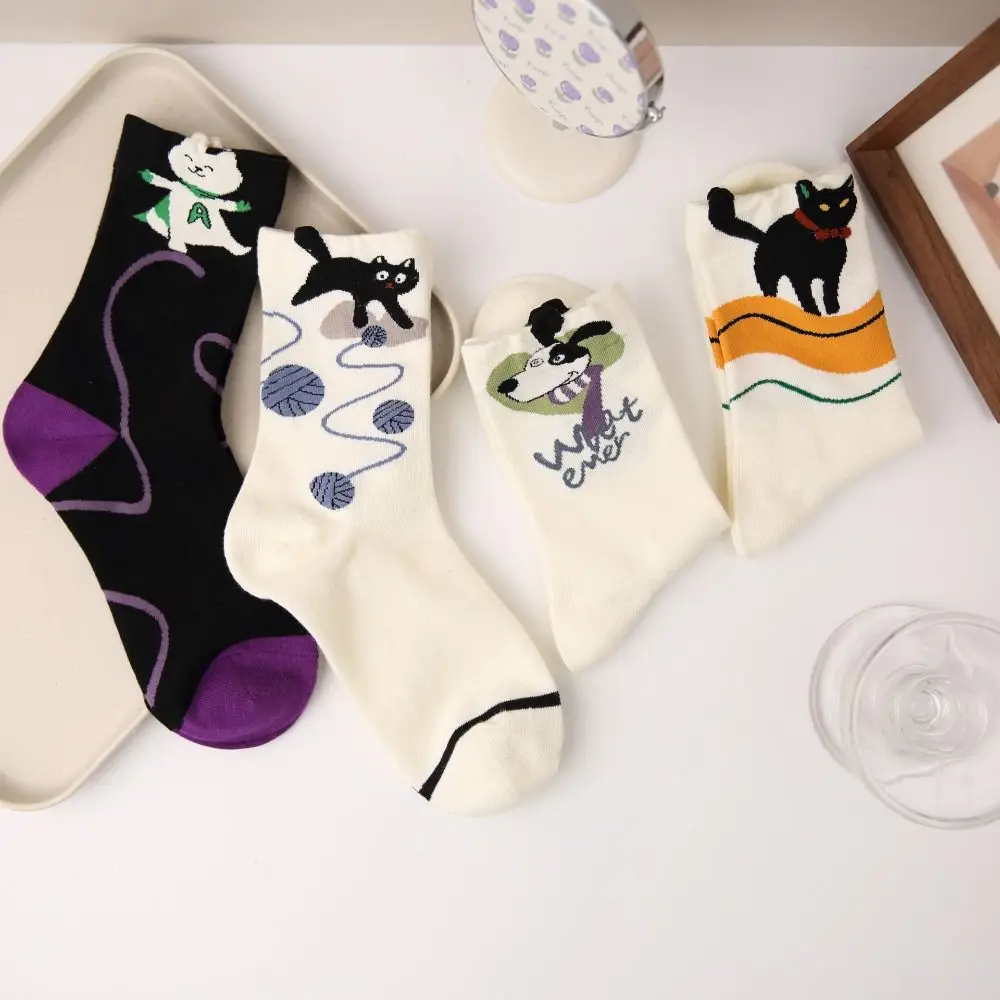 Harajuku Cat Pattern Socks Creative Warm Cotton Middle Tube Socks Korean Style Short Socks Animal Socks Girls