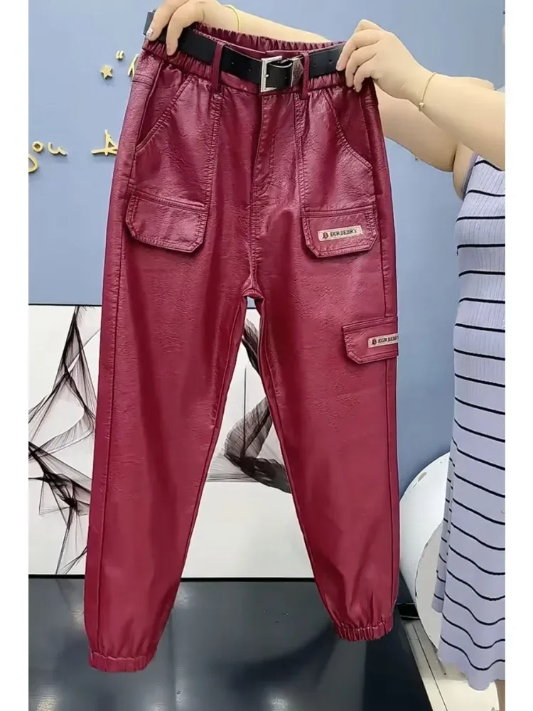 

Wine Red Leather Pants Autumn Winter PU Elastic High Waist Pocket Harem Trousers Fashion Street Loose Slim Casual Trouser Women