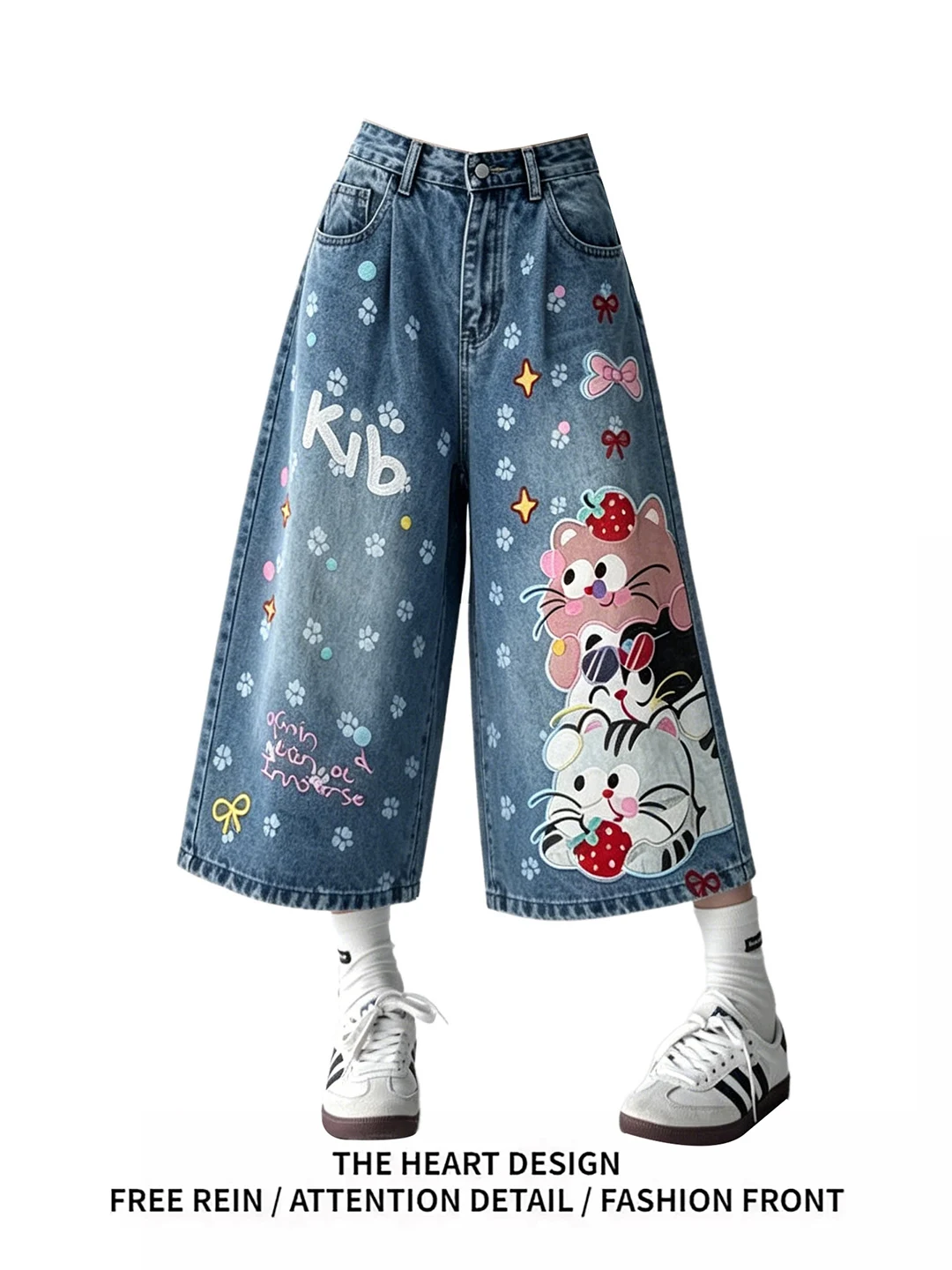 

Retro American Cartoon Print Loose Wide Leg Jeans Women's Summer Casual Shorts High Waist Denim Blue Seven-Foot Pants
