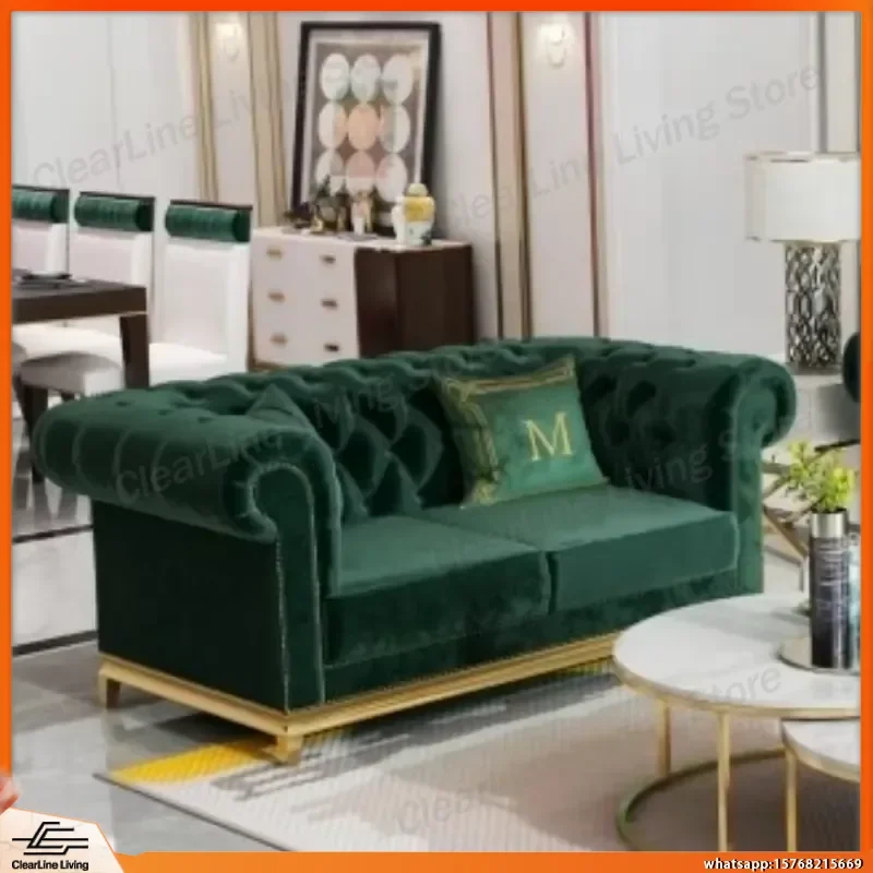Luxury Green Velvet Sofa Set Living Room Tufted Modern Sectional Couch with Wooden Legs High Density Sponge Comfortable Home