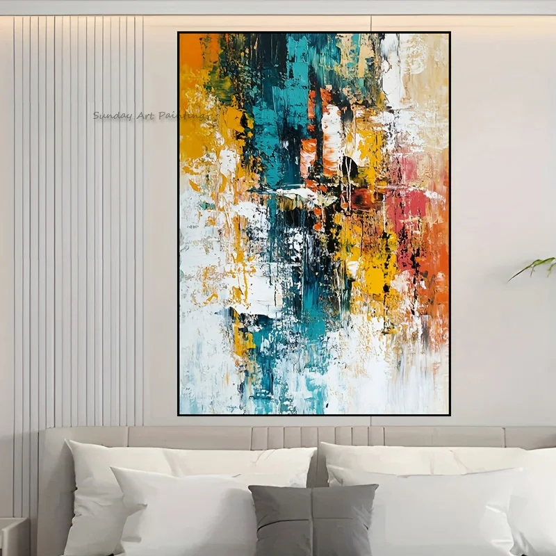 Simple Green Yellow White Abstract Wall Art New Original Artwork Handpainted Dark Blue And Yellow Boats Oil Painting For Decor