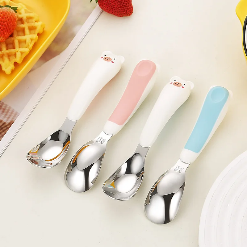 1PCS 316 stainless steel children's spoon with storage box, cartoon feeding spoon, spoon, flat bottomed spoon