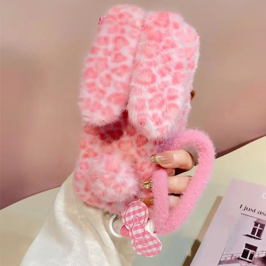 Y2K Leopard Fuzzy Bunny Ear Pom Pom Tail Phone Case for S26 Ultra Bow Wrist Strap Protective Cover for Samsung Galaxy S25 A57