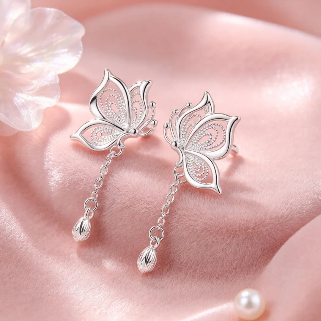 Wholesale 925 Sterling Silver vintage Tassel butterfly earrings stud for women fashion party Costume Jewelry Accessories Gifts