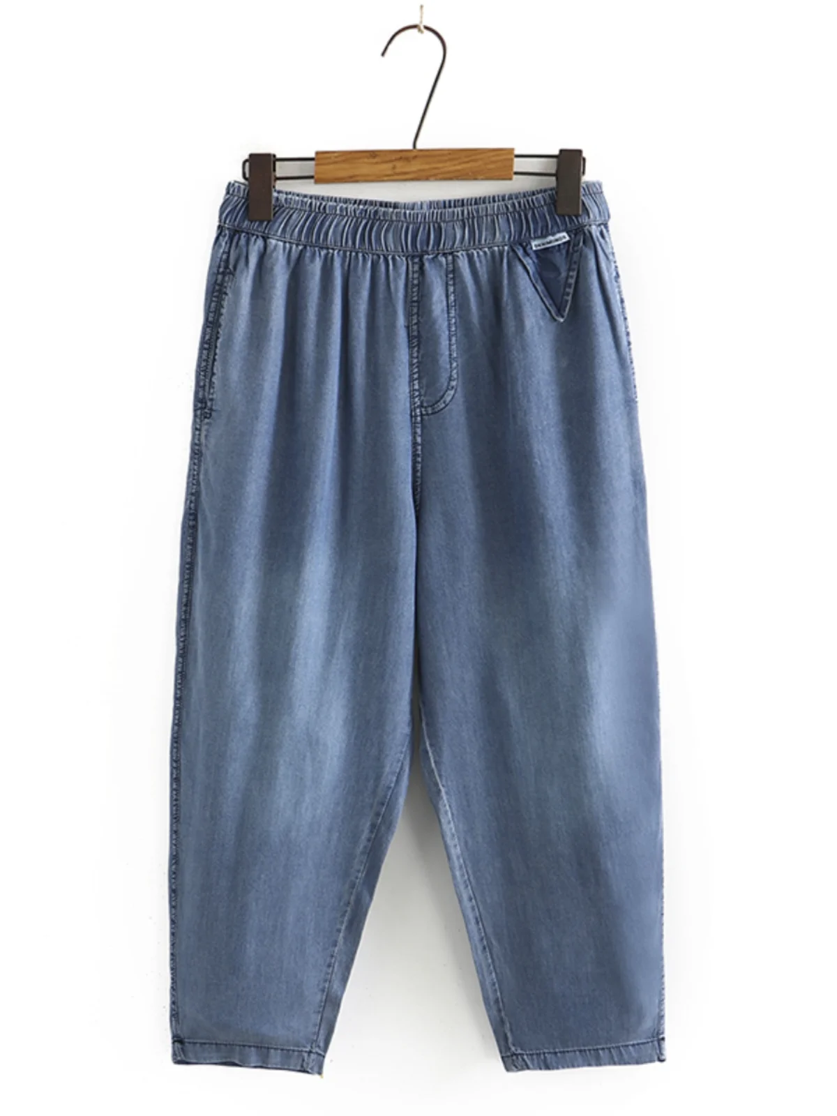 Jeans de Verano para Mujer, Corte Slim, Cintura Alta, Parche con Letras, Denim Fino, Tallas Grandes, Pantalones Tipo Cabbage, Cintura Elástica