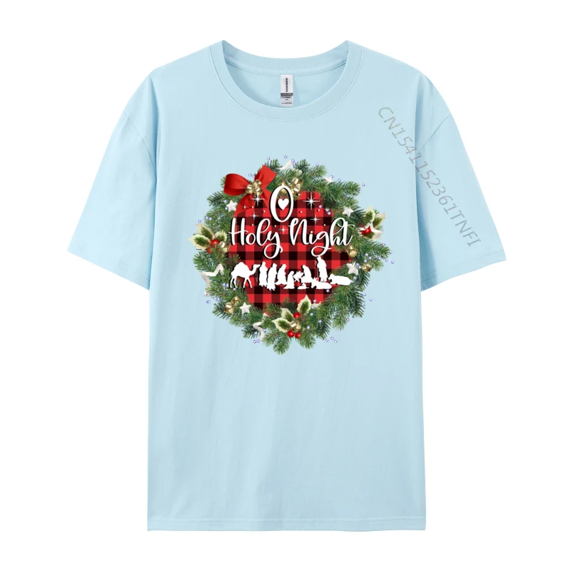 O Holy Night Nativity Christmas Wreath Red Buffalo Plaid T Shirts All Cotton O-Neck T-Shirts Personalized Funny T-Shirts