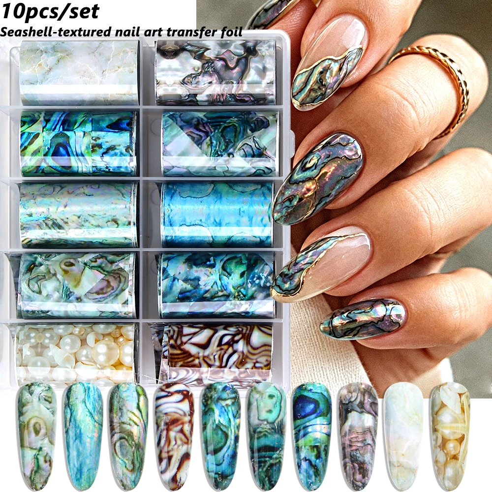 10pcs/set Iridescent Seashell-Textured Nail Art Transfer Foil – Featuring Pearlescent Spiral Patterns; DIY Nail Salon Accessory