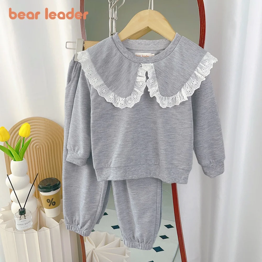 Bear Leader 3-7 anni Corea Grigio Bambino Abbigliamento per bambini Pizzo Pigiama Pullover Pantaloni della tuta Set 2 pezzi Felpa casual Abiti