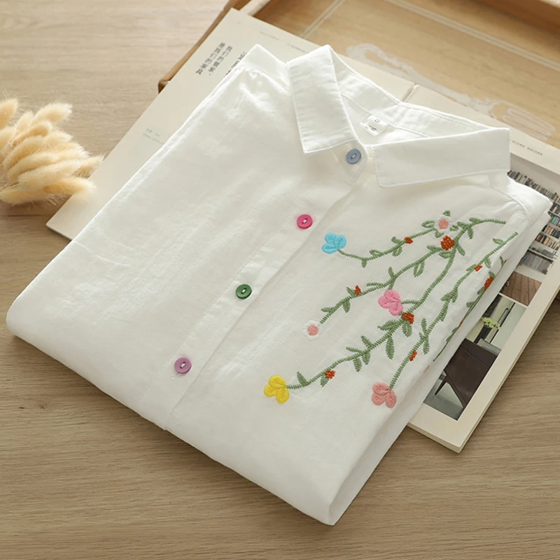 Outono dupla camada de algodão manga comprida blusa roupas femininas bordados florzinhas coloridas com camisas e blusas artísticas u133